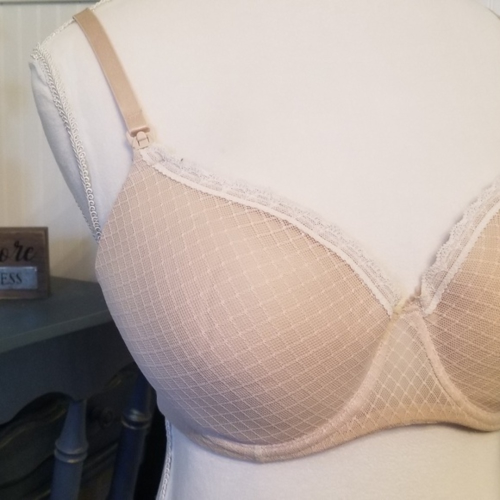 Nude Diamond Mesh Lace Trim Nursing‎ Bra 38C Maternity Lingerie